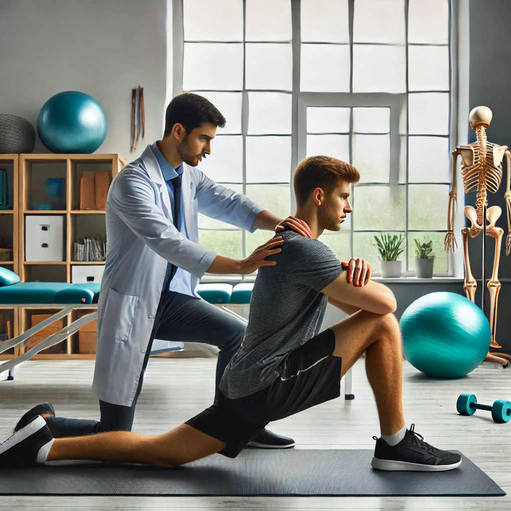 Physiotherapist guiding a patient through rehabilitation exercises in a bright, modern clinic, emphasizing flexibility and pain management.